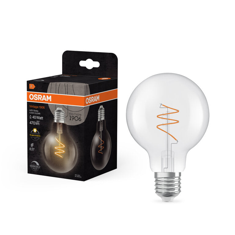 Osram / Ledvance LED Filament Vintage 1906 Globe G80 klar 300° Spiral 4,6-40W/927 warmweiß 470lm E27 220-240V dimmbar