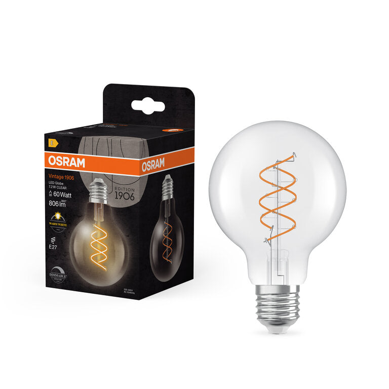 Osram / Ledvance LED Filament Vintage 1906 Globe G80 klar 300° Spiral 7,2-60W/927 warmweiß 806lm E27 220-240V dimmbar