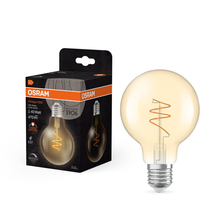Osram / Ledvance LED Filament Vintage 1906 Globe G80 klar 300° Spiral 4,9-40W/922 extra warmweiß 470lm E27 220-240V dimmbar