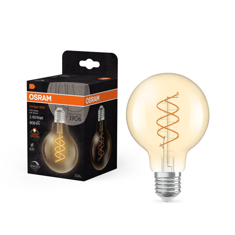 Osram / Ledvance LED Filament Vintage 1906 Globe G80 klar 300° Spiral 8-60W/922 extra warmweiß 806lm E27 220-240V dimmbar