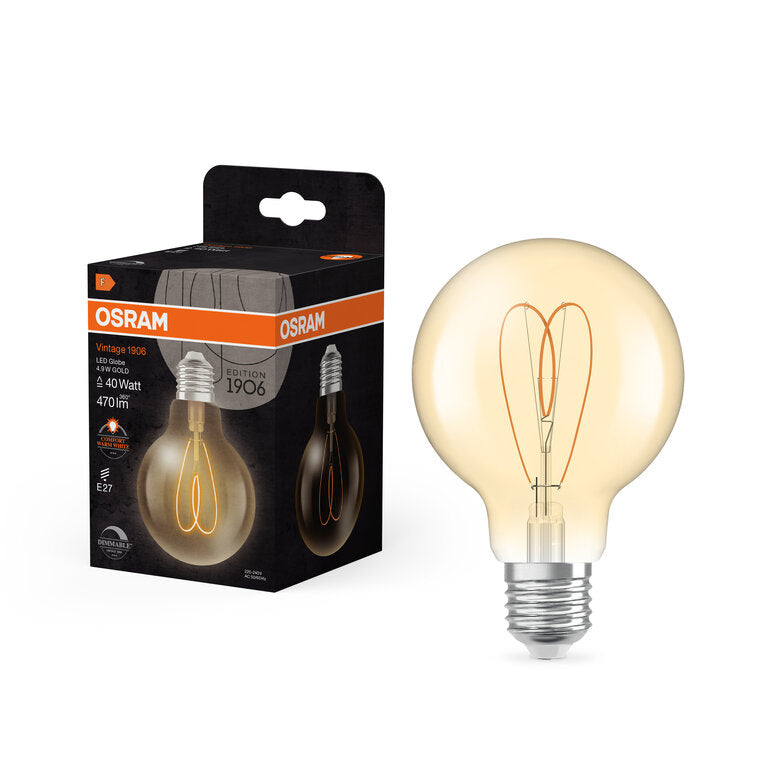 Osram / Ledvance LED Filament Vintage 1906 Globe G80 klar 300° Heart 4,9-40W/922 extra warmweiß 470lm E27 220-240V dimmbar