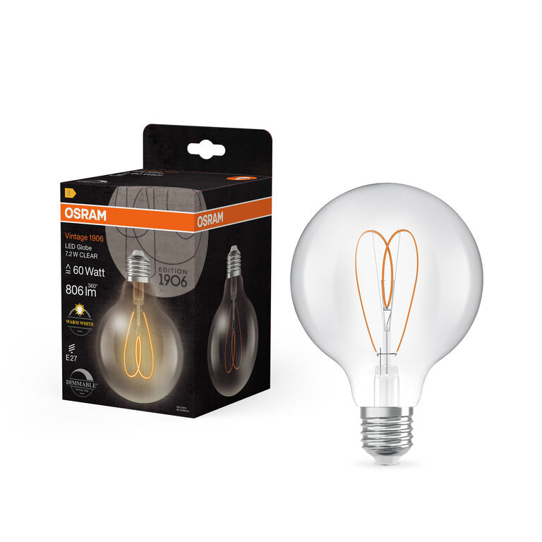Osram / Ledvance LED Filament Vintage 1906 Globe G95 klar 300° Heart 7,2-60W/927 warmweiß 806lm E27 220-240V dimmbar
