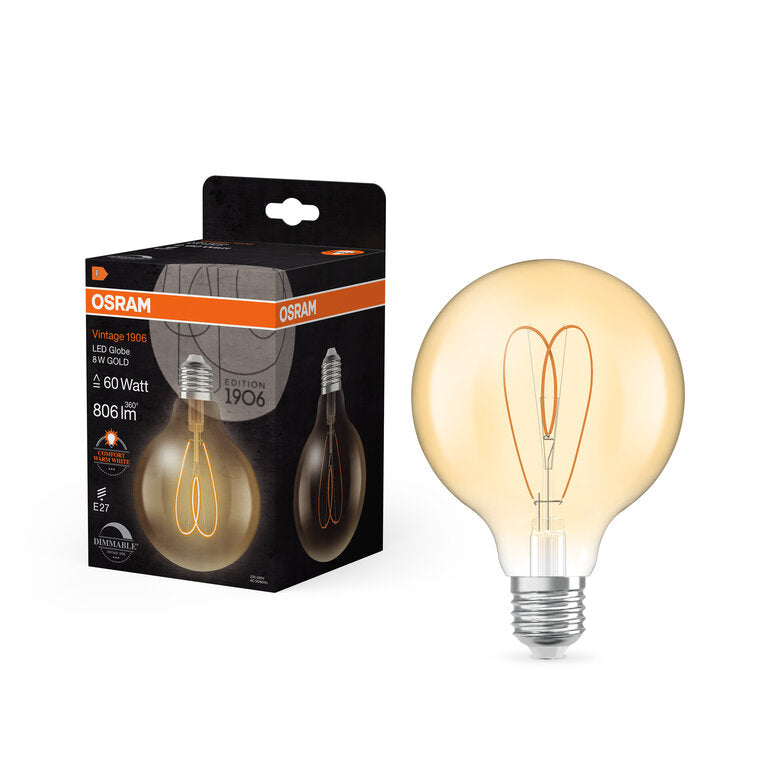 Osram / Ledvance LED Filament Vintage 1906 Globe G95 klar 300° Heart 8-60W/922 extra warmweiß 806lm E27 220-240V dimmbar