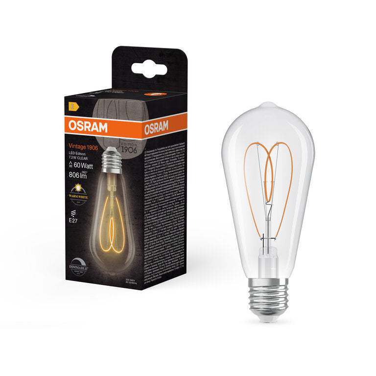 Osram / Ledvance LED Filament Vintage 1906 Edison ST klar 300° Heart 7,2-60W/927 warmweiß 806lm E27 220-240V dimmbar