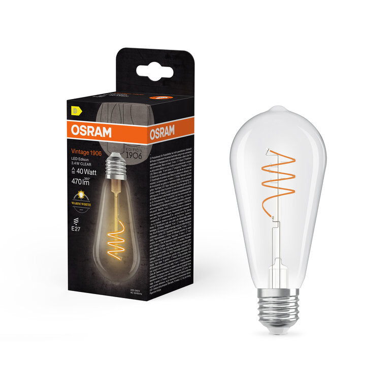 Osram / Ledvance LED Filament Vintage 1906 Edison ST klar 300° Spiral 3,4-40W/827 warmweiß 470lm E27 220-240V