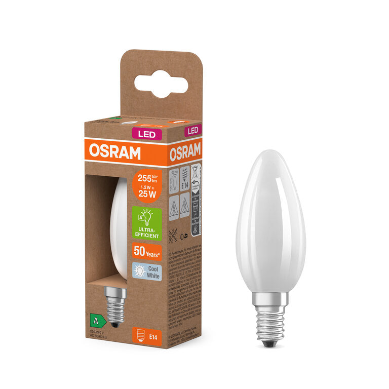 Osram / Ledvance LED Filament Kerze B matt 330° UltraEfficient 1,2-25W/840 kaltweiß 255lm E14 220-240V