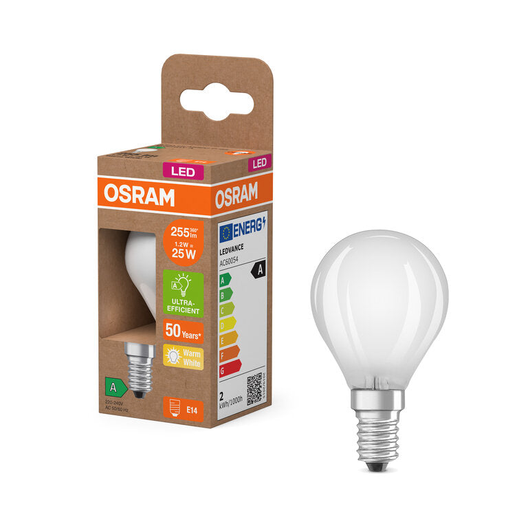 Osram / Ledvance LED Filament Tropfen P matt 330° UltraEfficient 1,2-25W/827 warmweiß 255lm E14 220-240V