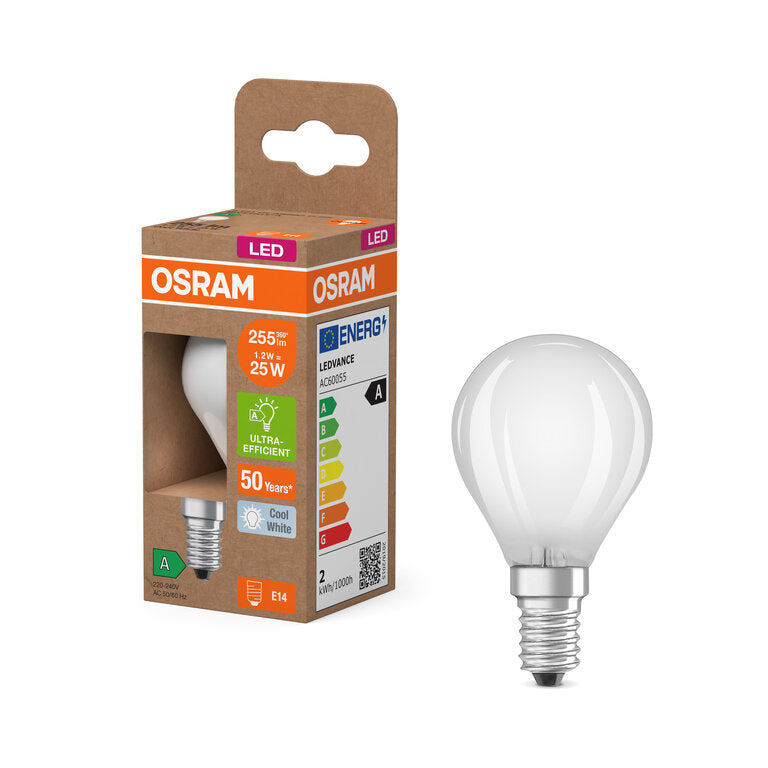 Osram / Ledvance LED Filament Tropfen P matt 330° UltraEfficient 1,2-25W/840 kaltweiß 255lm E14 220-240V