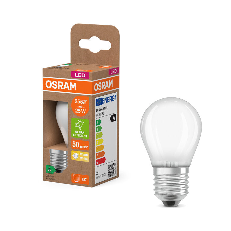 Osram / Ledvance LED Filament Tropfen P matt 330° UltraEfficient 1,2-25W/827 warmweiß 255lm E27 220-240V