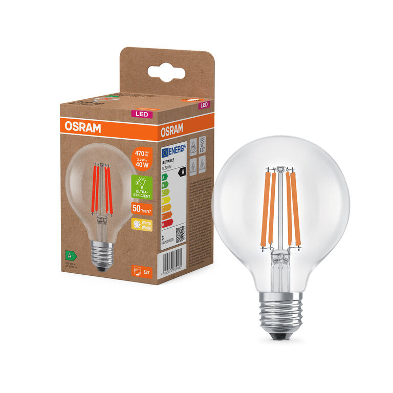 Osram / Ledvance LED Filament Globe G80 klar 330° UltraEfficient 2,2-40W/827 warmweiß 470lm E27 220-240V