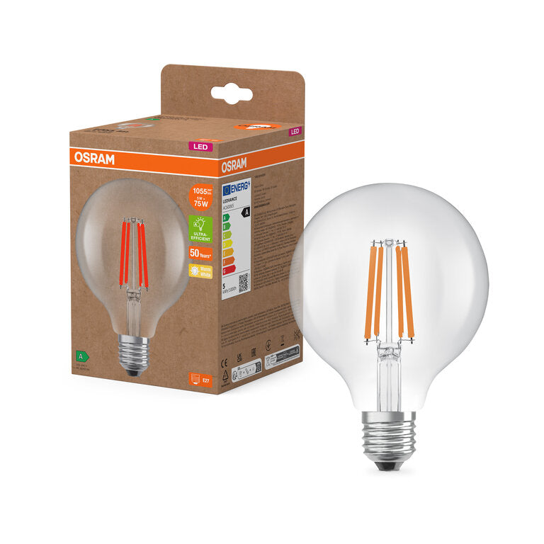 Osram / Ledvance LED Filament Globe G95 klar 330° UltraEfficient 5-75W/827 warmweiß 1055lm E27 220-240V