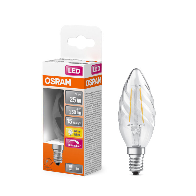 Osram / Ledvance LED Filament Retrofit Kerze BW klar gedreht 300° 2,8-25W/827 warmweiß 250lm E14 220-240V dimmbar