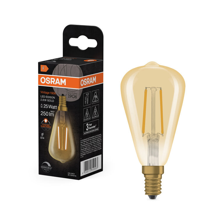Osram / Ledvance LED Filament Vintage 1906 Edison ST klar 320° 2,8-25W/822 extra warmweiß 250lm E14 220-240V dimmbar