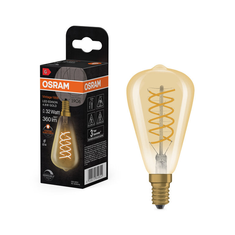 Osram / Ledvance LED Filament Spiral Vintage 1906 Edison ST klar 320° 4,8-32W/822 extra warmweiß 360lm E14 220-240V dimmbar