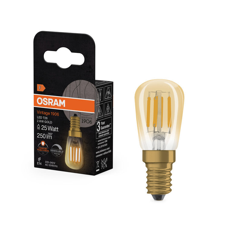 Osram / Ledvance LED Filament Vintage 1906 Special T26 klar 320° 2,8-25W/822 extra warmweiß 250lm E14 220-240V dimmbar