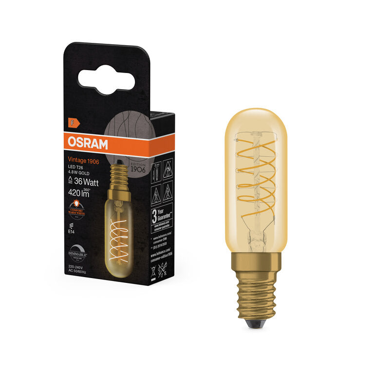 Osram / Ledvance LED Filament Spiral Vintage 1906 Special T26 klar 320° 4,8-36W/822 extra warmweiß 420lm E14 220-240V dimmbar