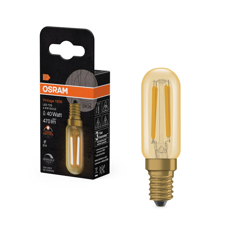 Osram / Ledvance LED Filament Vintage 1906 Special T26 klar 320° 4,8-40W/822 extra warmweiß 470lm E14 220-240V dimmbar