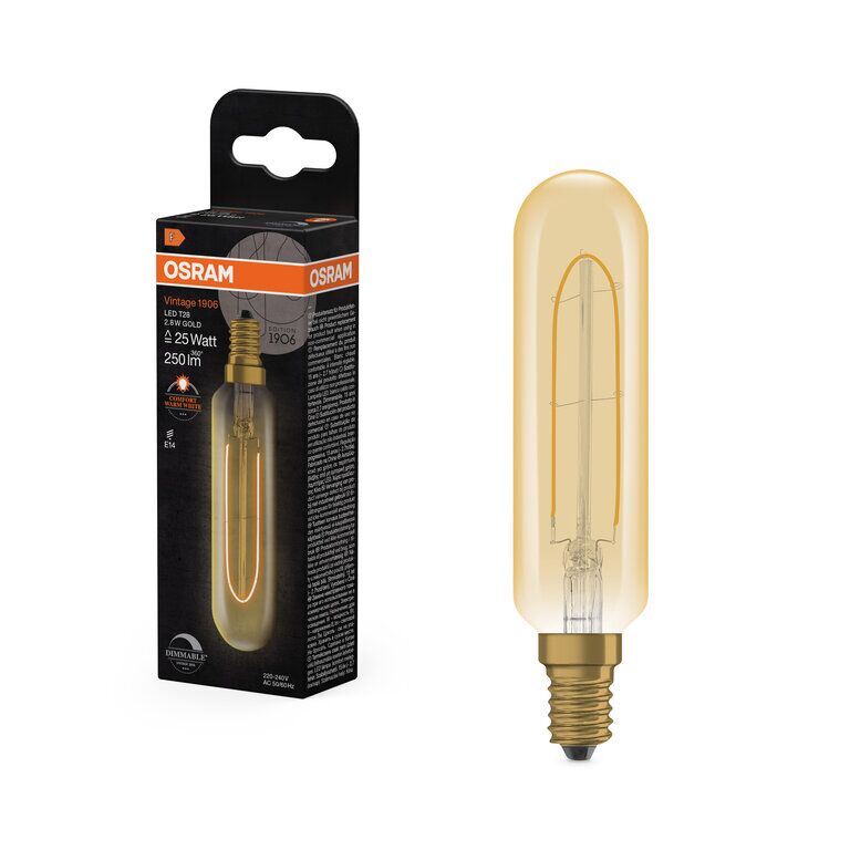 Osram / Ledvance LED Filament Vintage 1906 Special T28 klar 320° 2,8-25W/822 extra warmweiß 250lm E14 220-240V dimmbar