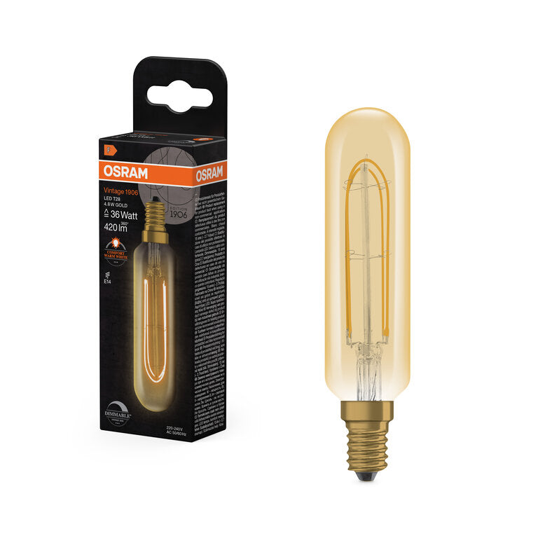 Osram / Ledvance LED Filament Vintage 1906 Special T28 klar 320° 4,8-36W/822 extra warmweiß 420lm E14 220-240V dimmbar