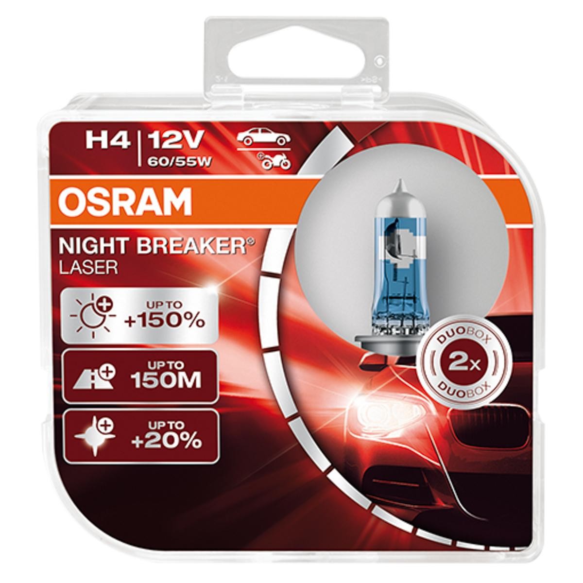 Osram HAL Night Breaker Laser H4 PKW +150% 60/55W 1650/1000lm 3900k P43t 12V 2er Pack