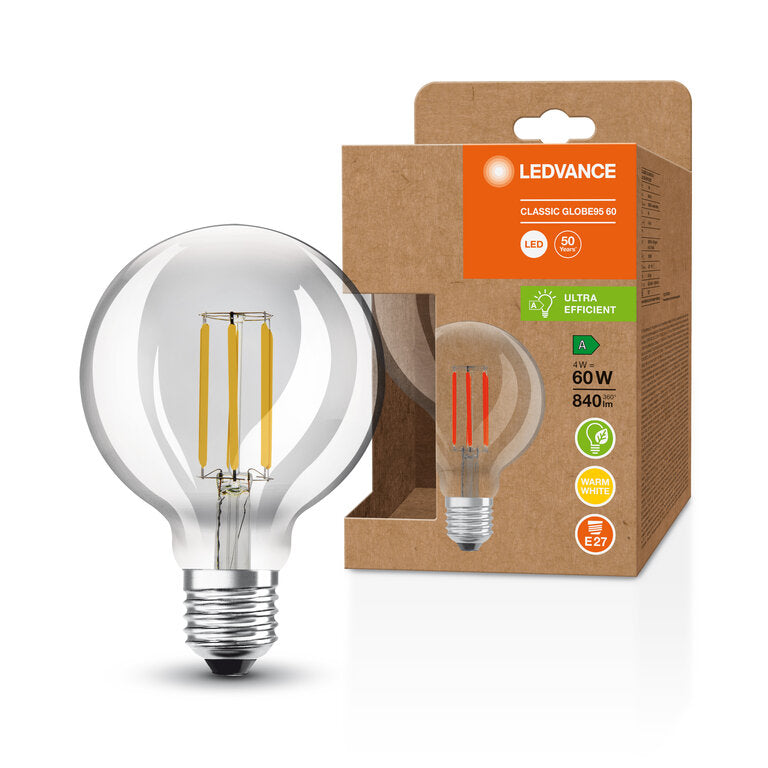 Osram / Ledvance LED Filament Superior Globe G95 klar 320° UltraEfficient 4-60W/830 warmweiß 840lm E27 220-240V