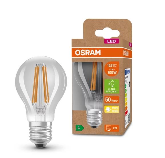 Osram LED Filament Classic A klar 300° 7,2-100W/830 warmweiß 1521lm E27 220-240V