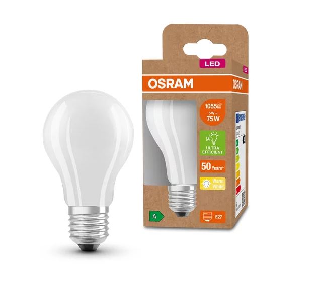 Osram LED Filament Classic A klar 300° Ultra-Efficient 5-75W/830 warmweiß 1055lm E27 220-240V