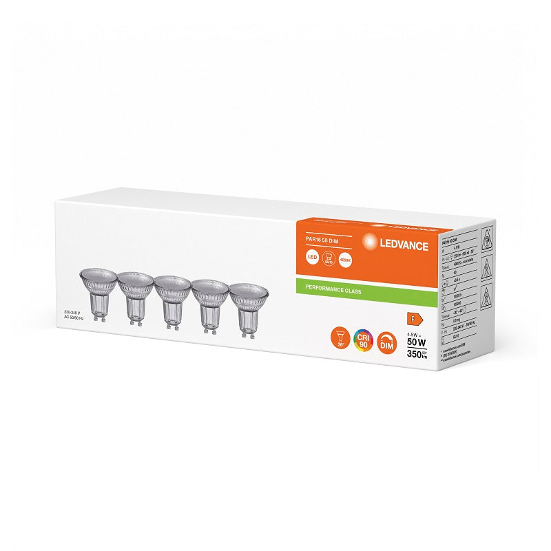 Osram / Ledvance LED Reflektor PAR16 36° Performance 4,5-50W/940 kaltweiß 350lm GU10 220-240V dimmbar 5er