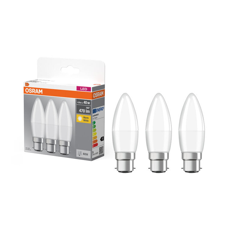 Osram / Ledvance LED Base Kerze B matt 220° 4,9-40W/827 warmweiß 470lm B22d 220-240V 3er Pack