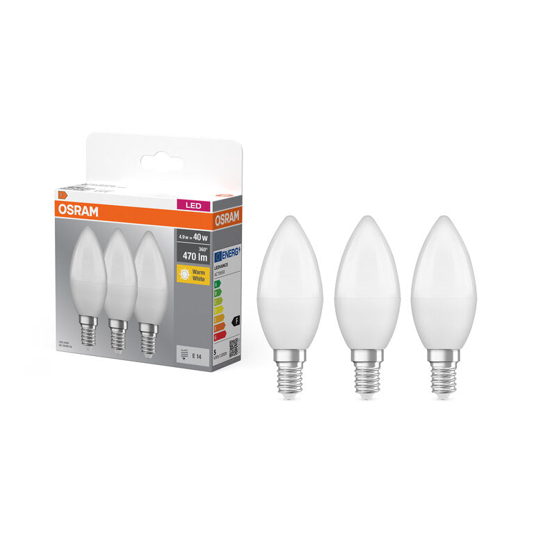 Osram / Ledvance LED Base Kerze B matt 220° 4,9-40W/827 warmweiß 470lm E14 220-240V 3er Pack