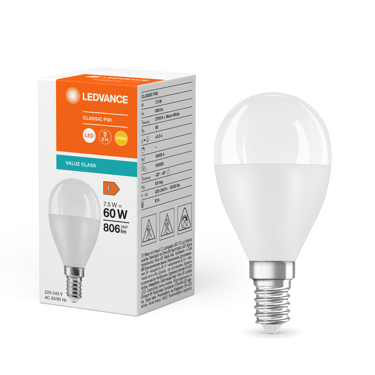 Osram / Ledvance LED Tropfen P matt 200° Value 7,5-60W/827 warmweiß 806lm E14 220-240V