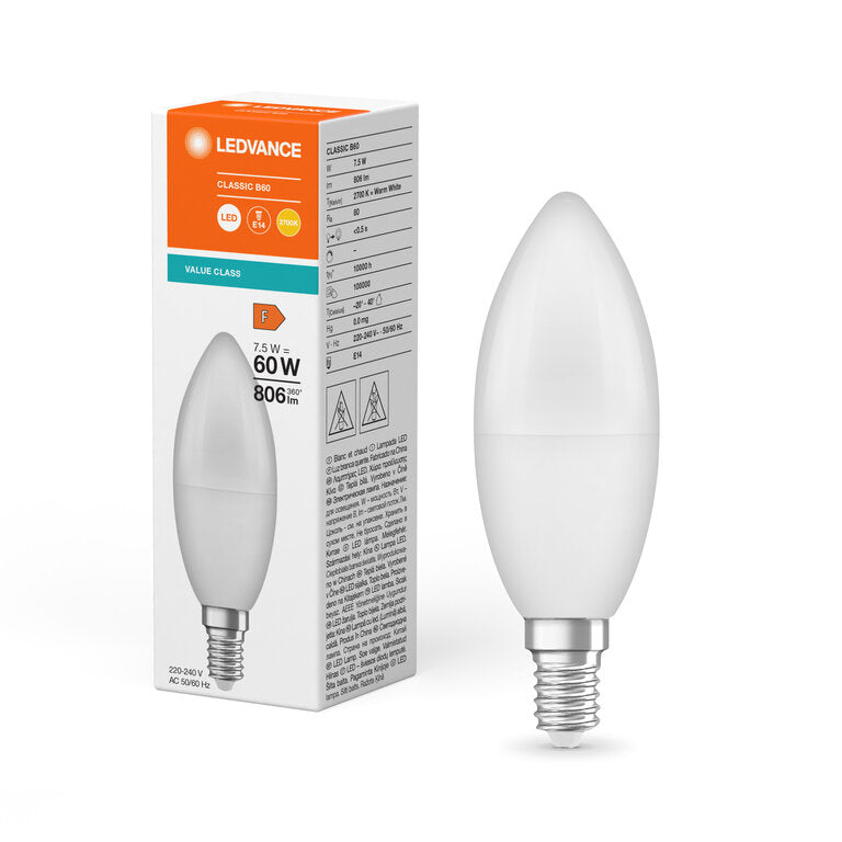 Osram / Ledvance LED Kerze B matt 200° Value 7,5-60W/827 warmweiß 806lm E14 220-240V