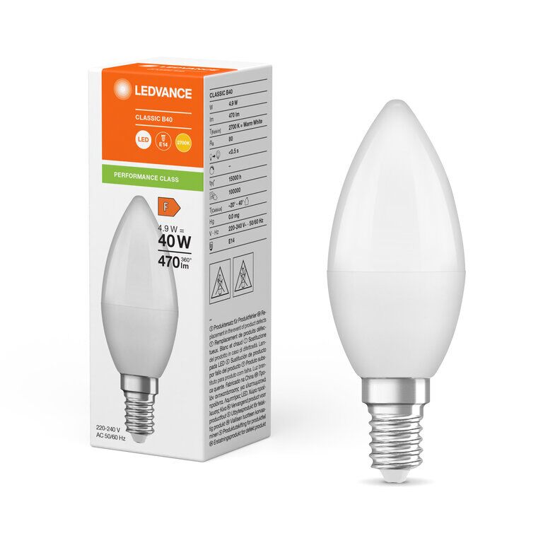 Osram / Ledvance LED Kerze B matt 200° Performance 4,9-40W/827 warmweiß 470lm E14 220-240V
