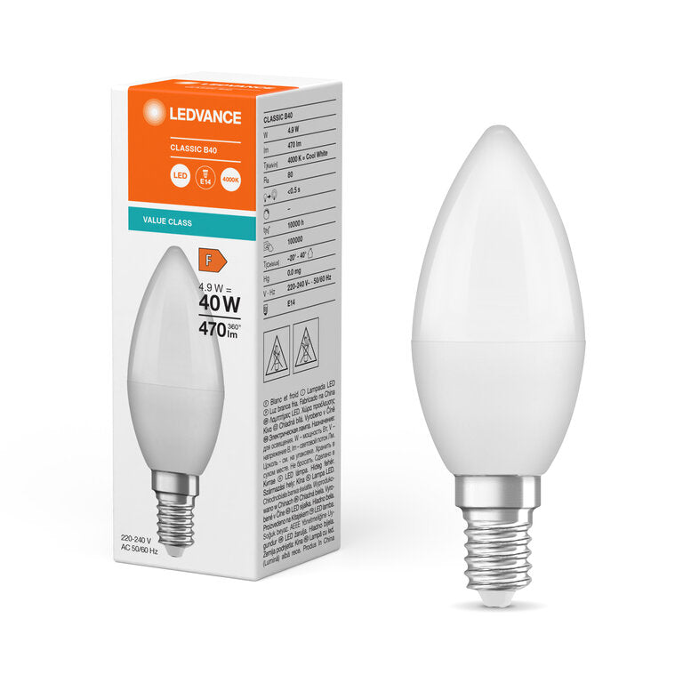Osram / Ledvance LED Kerze B matt 200° Value 4,9-25W/840 kaltweiß 470lm E14 220-240V