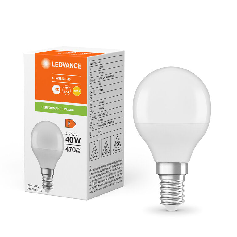 Osram / Ledvance LED Tropfen P matt 200° Performance 4,9-40W/827 warmweiß 470lm E14 220-240V