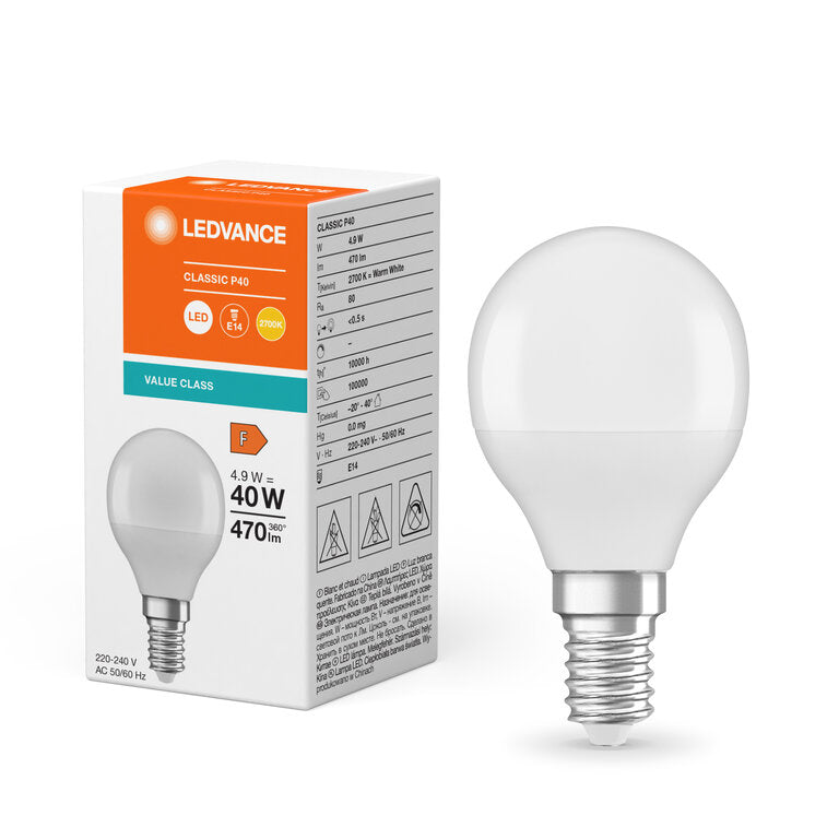 Osram / Ledvance LED Tropfen P matt 200° Value 4,9-40W/827 warmweiß 470lm E14 220-240V
