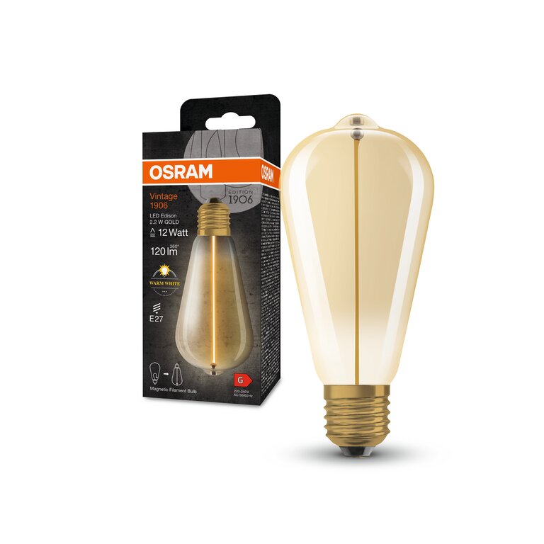 Osram / Ledvance LED Filament Vintage 1906 Edison gold 320° 2,2-12W/827 warmweiß 120lm E27 220-240V