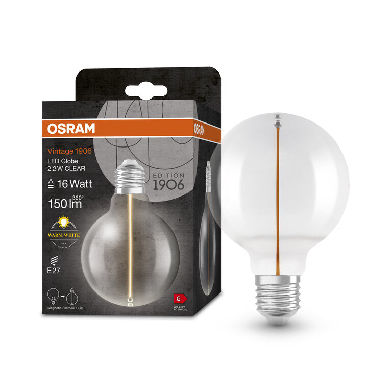 Osram / Ledvance LED Filament Vintage 1906 Globe G95 klar 320° 2,2-16W/827 warmweiß 150lm E27 220-240V