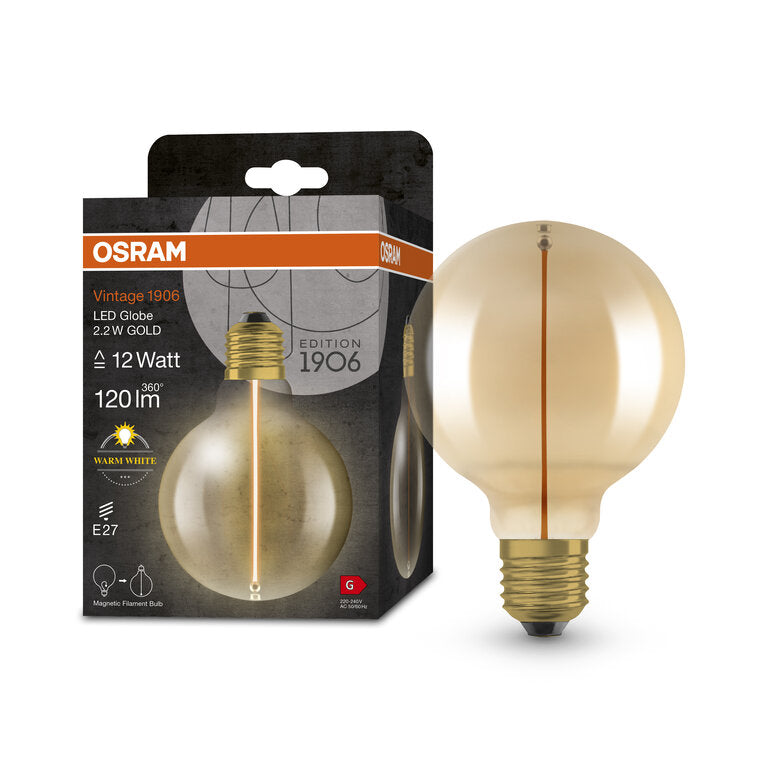 Osram / Ledvance LED Filament Vintage 1906 Globe G95 gold 320° 2,2-12W/827 warmweiß 120lm E27 220-240V