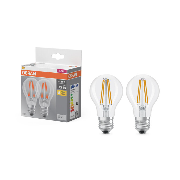 Osram / Ledvance LED Filament Base Classic A klar 300° 7-60W/827 warmweiß 806lm E27 220-240V 2er Pack
