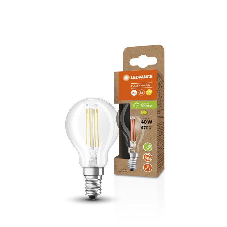 Osram / Ledvance LED Filament Tropfen P klar 300° Superior 2,9-40W/827 warmweiß 470lm E14 220-240V dimmbar