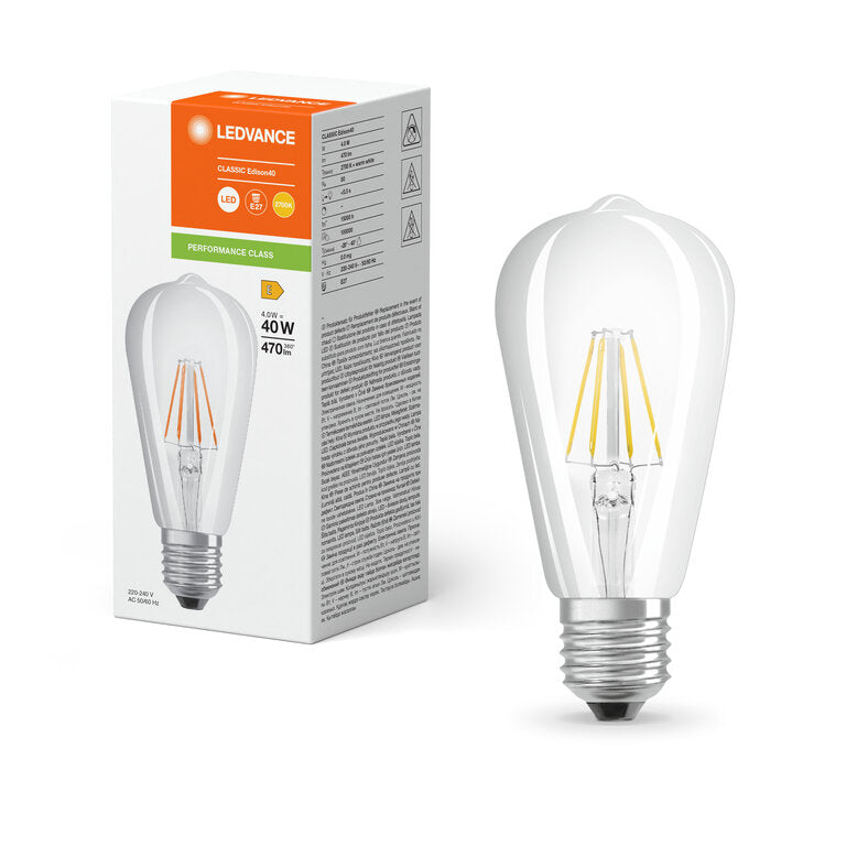Osram / Ledvance LED Filament Edison klar 300° Performance 4-40W/827 warmweiß 470lm E27 220-240V