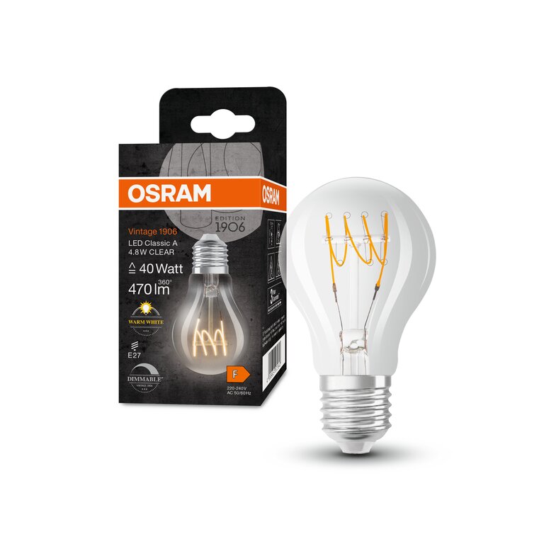 Osram / Ledvance LED Filament Vintage 1906 Classic A klar 320° 4,8-40W/827 warmweiß 470lm E27 220-240V dimmbar