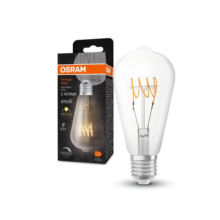 Osram / Ledvance LED Filament Vintage 1906 Edison klar 320° 4,8-40W/827 warmweiß 470lm E27 220-240V dimmbar