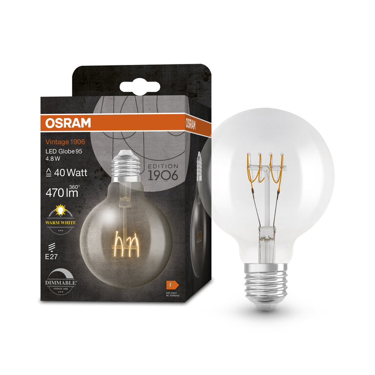 Osram / Ledvance LED Filament Vintage 1906 Globe G95 klar 320° 4,8-40W/827 warmweiß 470lm E27 220-240V dimmbar