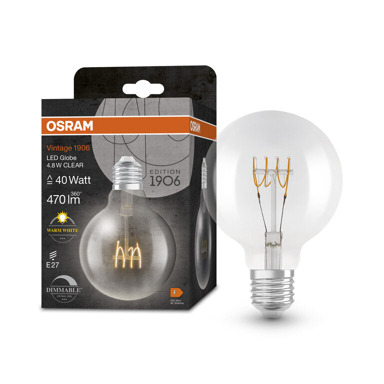 Osram / Ledvance LED Filament Vintage 1906 Globe G95 klar 320° 4,8-40W/827 warmweiß 470lm E27 220-240V dimmbar