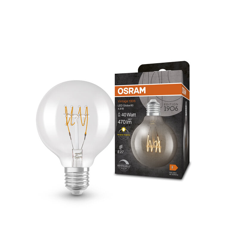 Osram / Ledvance LED Filament Vintage 1906 Globe G80 klar 320° 4,8-40W/827 warmweiß 470lm E27 220-240V dimmbar