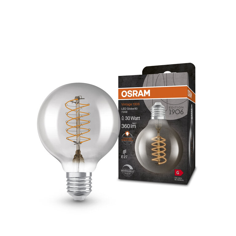 Osram / Ledvance LED Filament Vintage 1906 Globe G80 klar 320° 4,8-40W/827 warmweiß 470lm E27 220-240V dimmbar