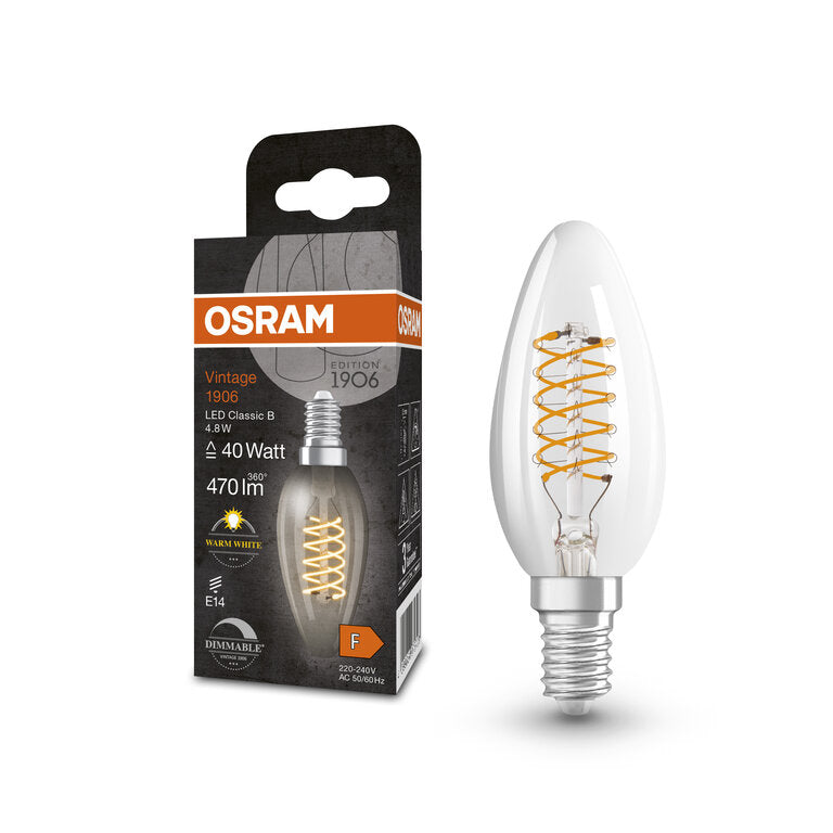 Osram / Ledvance LED Filament Vintage 1906 Kerze B klar 320° 4,8-40W/827 warmweiß 470lm E14 220-240V dimmbar