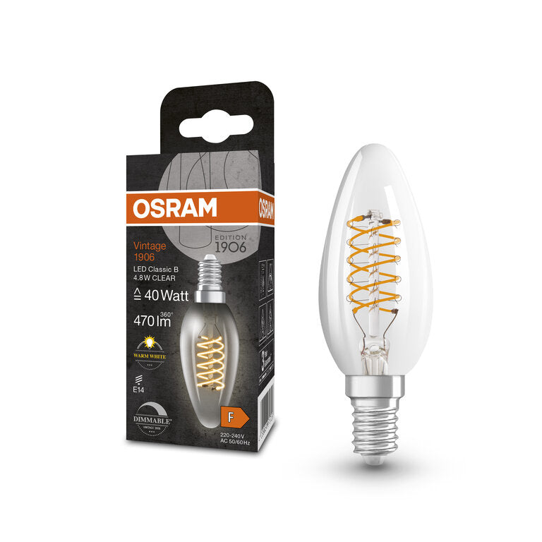 Osram / Ledvance LED Filament Vintage 1906 Kerze B klar 320° 4,8-40W/827 warmweiß 470lm E14 220-240V dimmbar